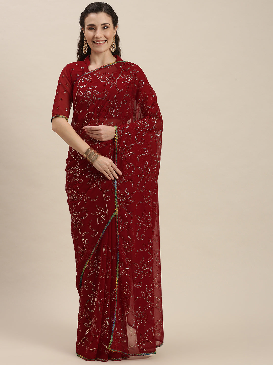 Charming Red Beads and Stones Embroidered Saree