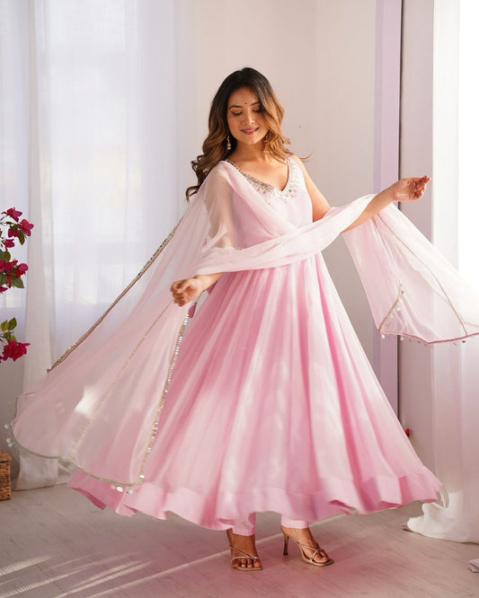 Wonderful Pink Color Hotfix Work Anarkali Gown