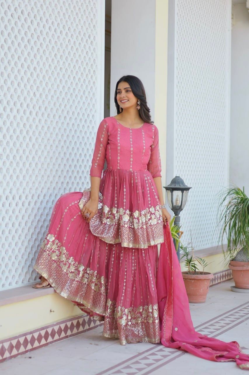 Opulent 3mm Sequence Work Pink Color Sharara Suit