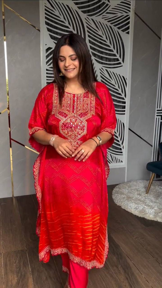 Blissful Chinon Embroidered Work Pink & Orange Color Kaftan Suit