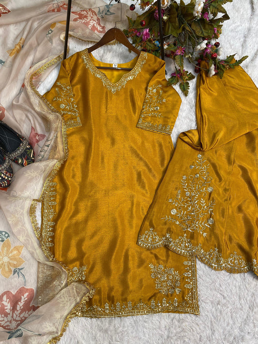 Unique Chinon Embroidery Work Mustard Color Sharara Suit
