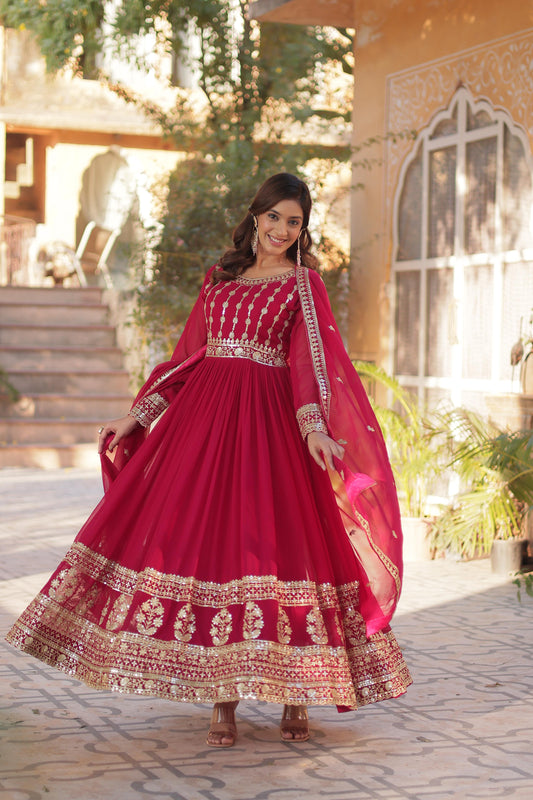 Fantastic Embroidery Work Red Color Gown