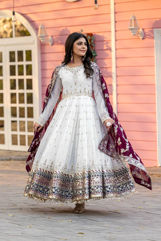 Glorious Georgette White Color Gown With Wine dupatta