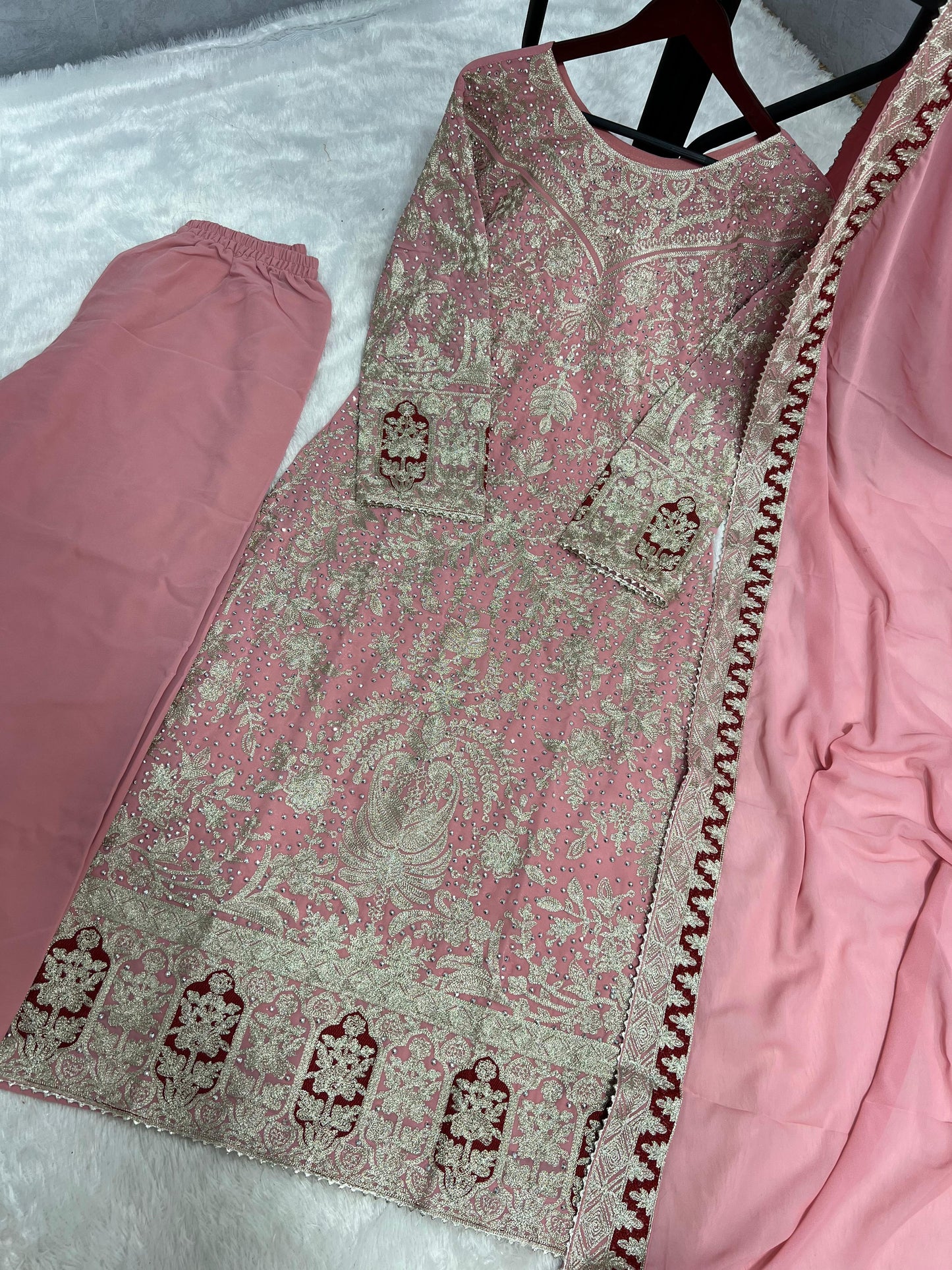 Captivating Heavy Embroidery Work Pink Color Palazzo With Dupatta Set