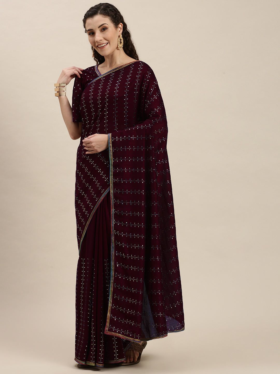 Stunning Purple Color Beads and Stones Work Saree