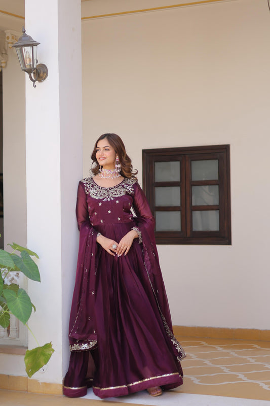 Festive Wear Burberry Silk Wine Color Gown