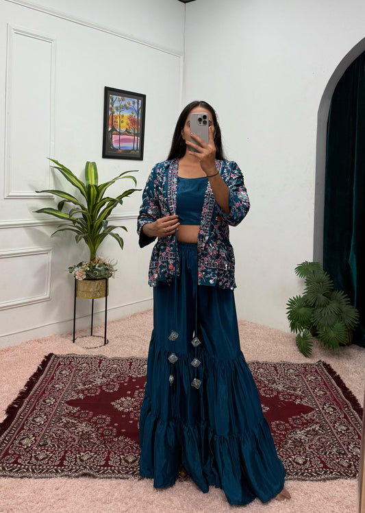 Delightful Chinon Silk Teal Blue Color Sharara Suit