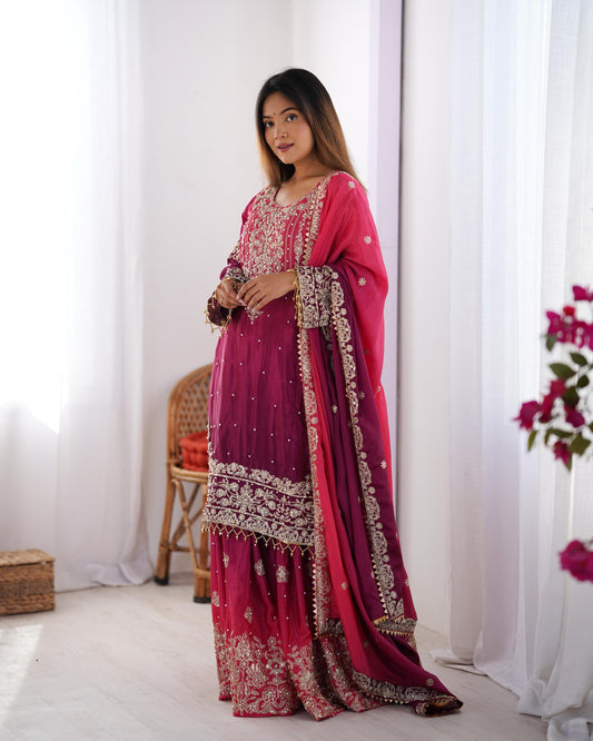Good Looking Chinon Silk Rivet Moti Pink Color Sharara Suit
