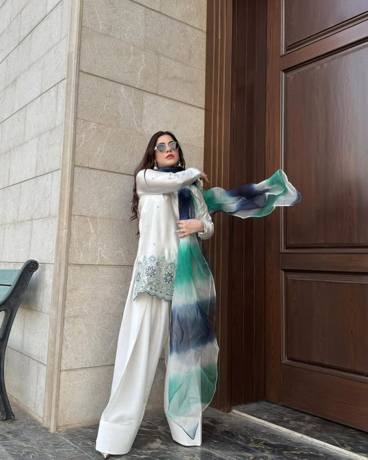 Elegant Roman Silk White Color Salwar Suit