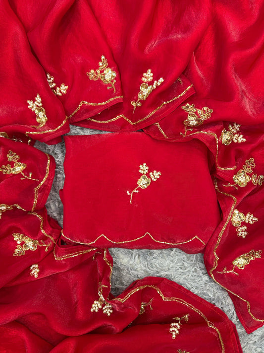Stunning Sequins Handwork Red Color Saree