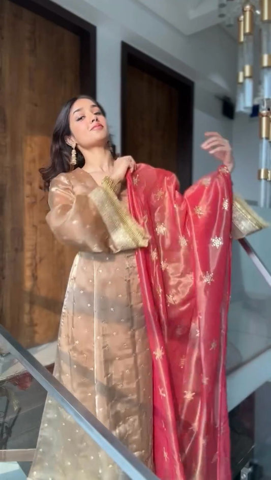 Delightful Embroidery Work Beige Color Salwar Suit With Red Dupatta