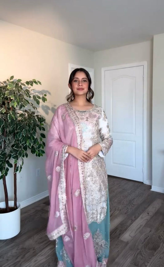 Peaceful Georgette White Color Palazzo Suit