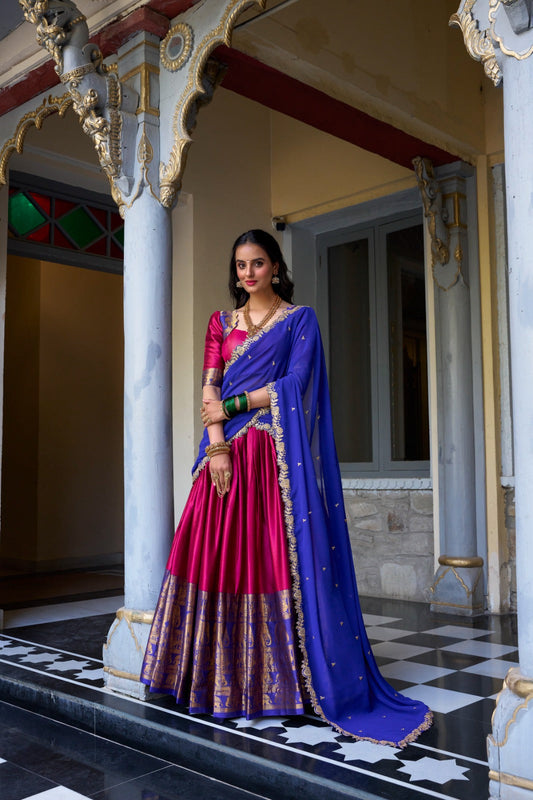 Blissful Zari Weaving Work Pink & Blue Color Lehenga Choli
