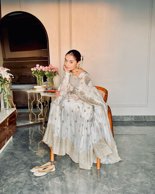 Graceful Chinon Silk White Color Sequence Work Gown