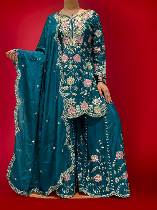 Outstanding Sequence And Thread Work Teal Blue Color Sharara Suit