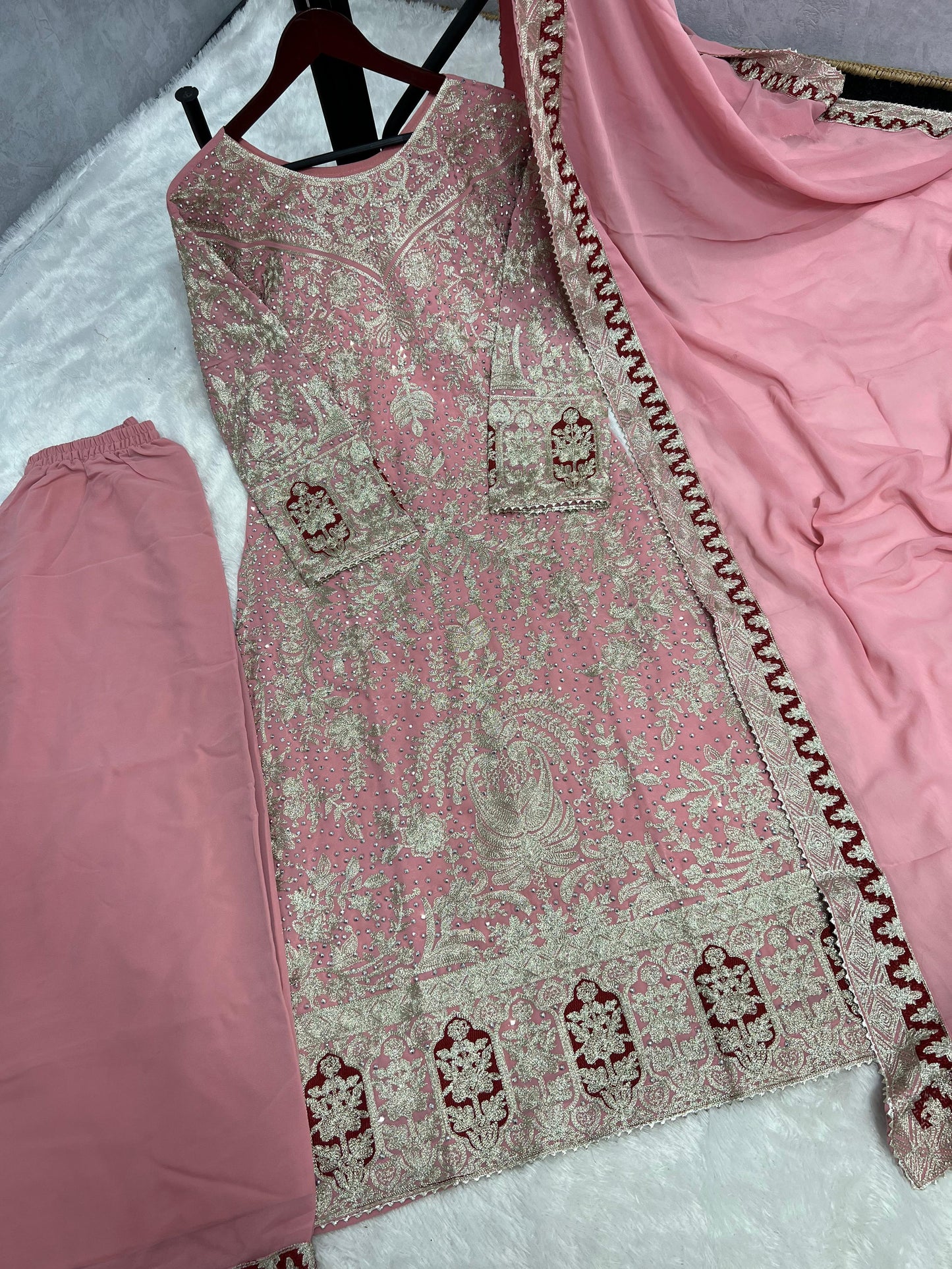Captivating Heavy Embroidery Work Pink Color Palazzo With Dupatta Set