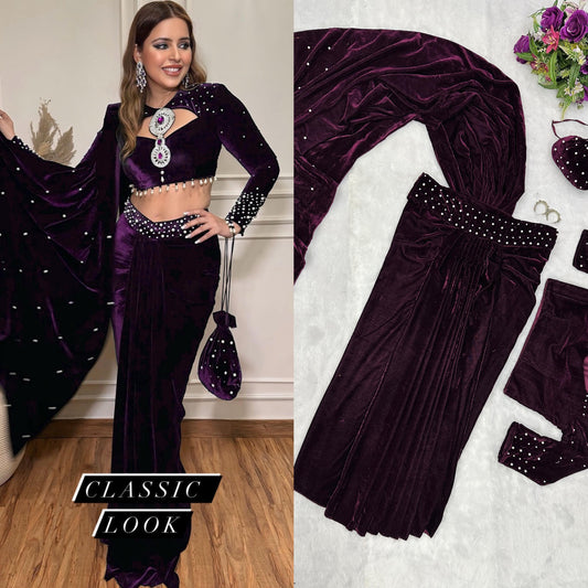 Party Wear Wine Color Moti Work Lehenga Saree