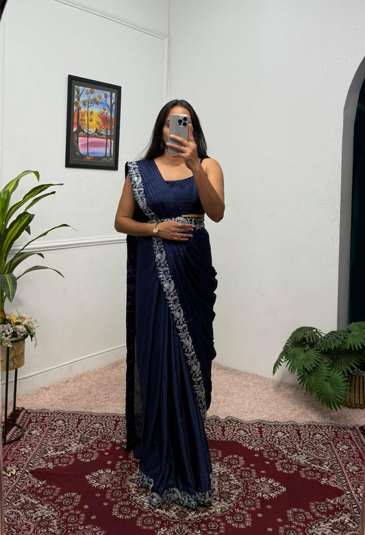 Designer Navy Blue Color Embroidery Work Saree With Koti