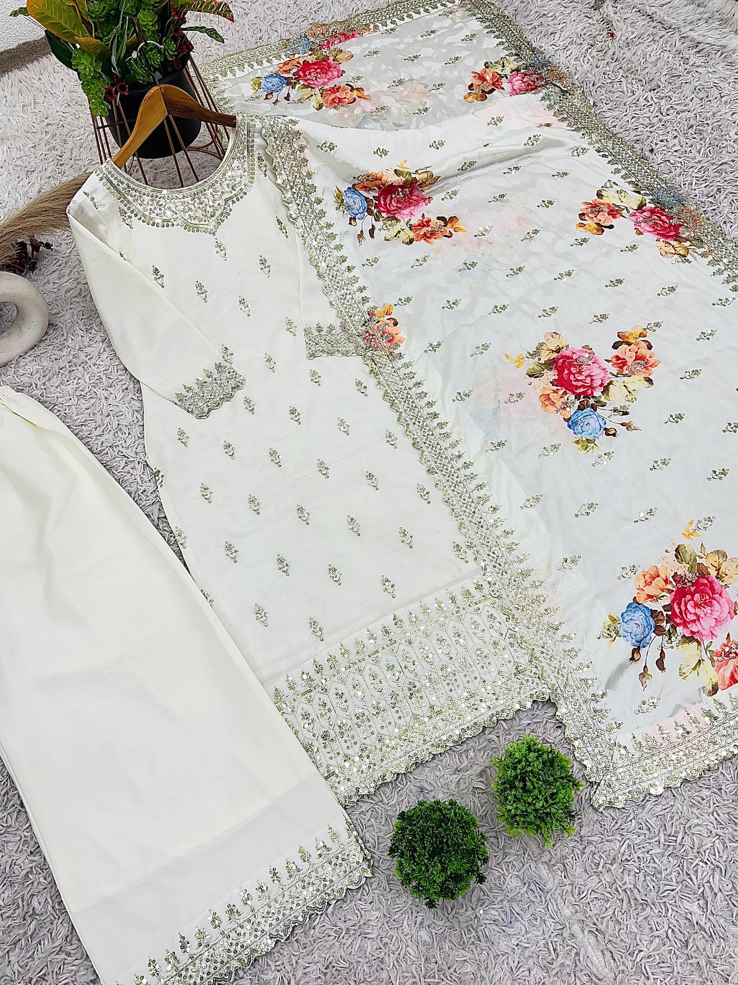 Wonderful Chinnon Silk Sequence Work White Color Palazzo Suit