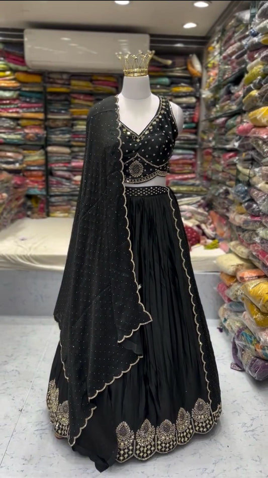 Wedding Wear Black Color Satin Silk Lehenga Choli