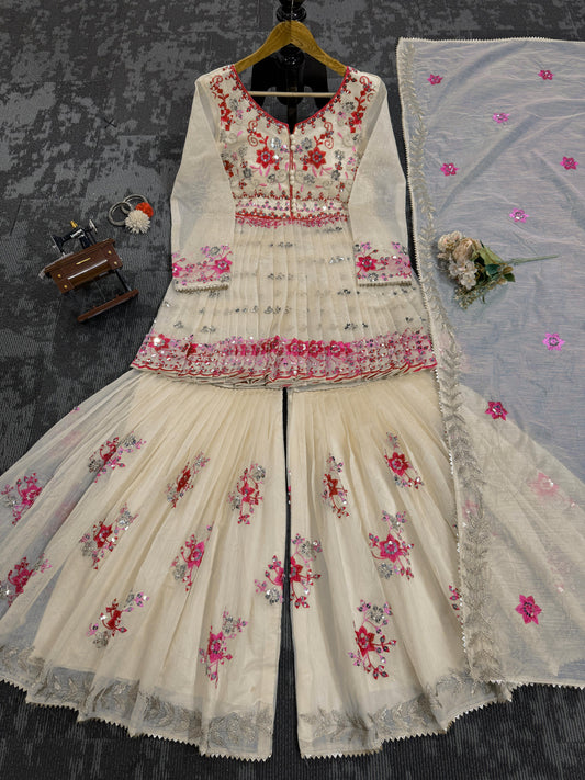 Shining Chanderi Cotton Cream Color Sharara Suit