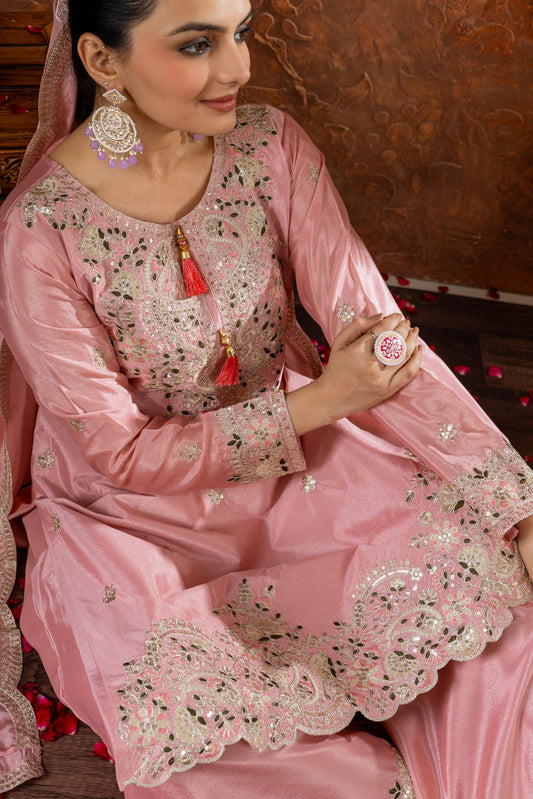 Outstanding Chinon Silk Pink Color Color Palazzo Suit