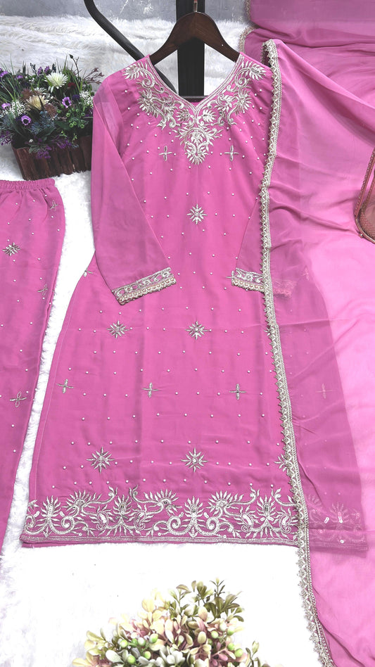 Attractive Embroidery Work Pink Color Palazzo Suit