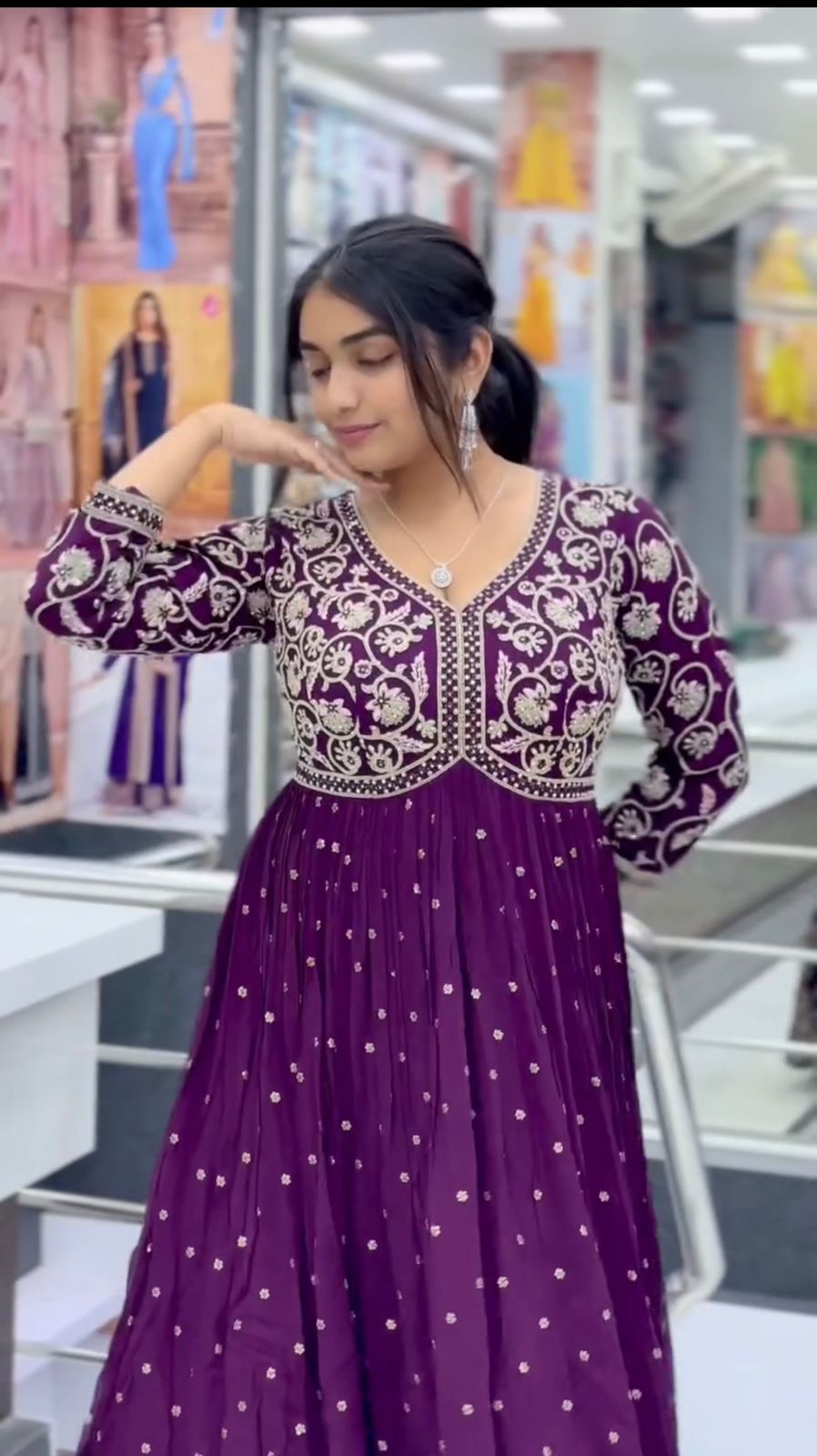 Embellished Gorgette Sequnce Work Wine Color Gown