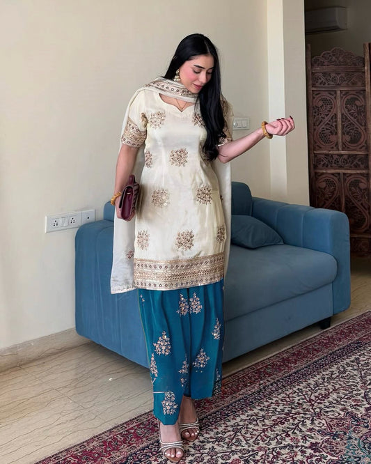 Pretty Silk White With Teal Blue Palazzo Suit