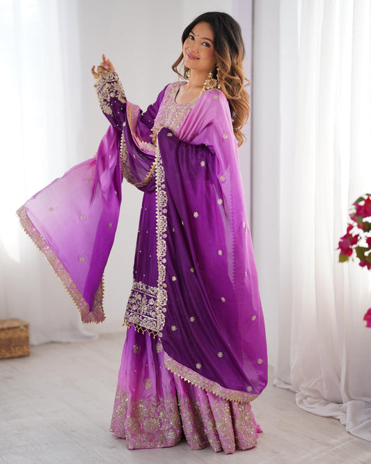 Good Looking Chinon Silk Rivet Moti Purple Color Sharara Suit