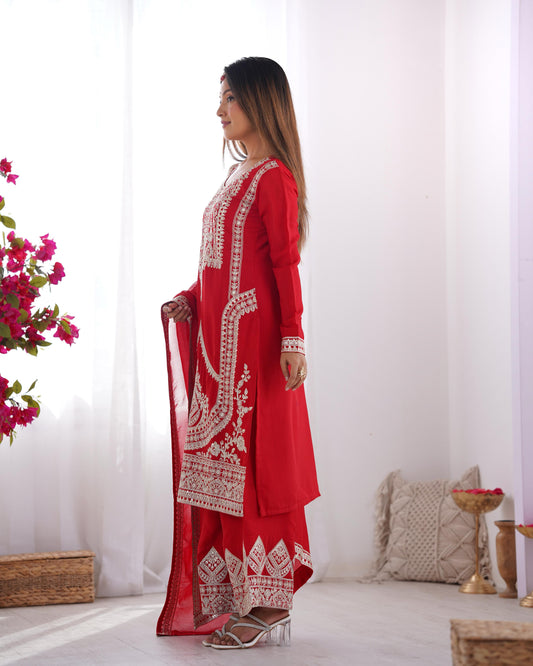 Outstanding Vichitra Silk Red Color Palazzo Suit