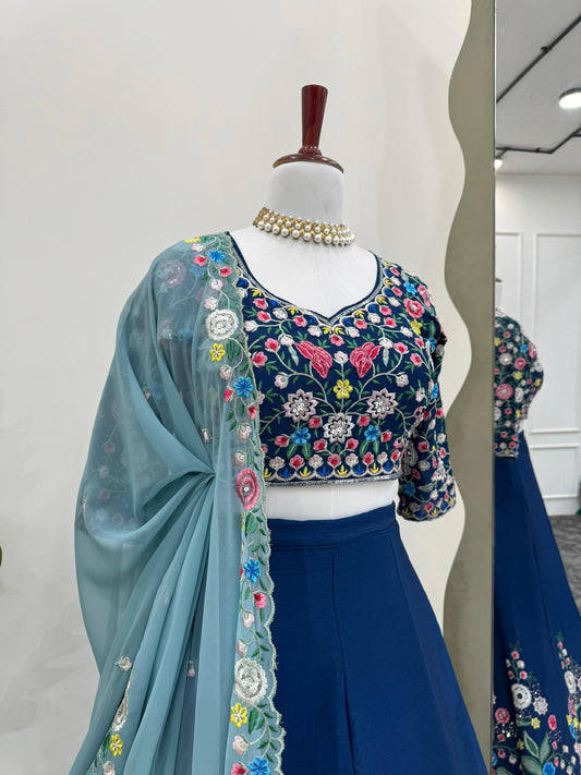 Fantastic Chinon Silk Sequence Work Blue Color Lehenga Choli