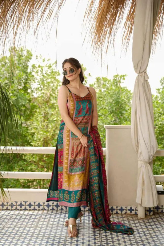 Glimmering Multi Color Printed Top With Dupatta Set