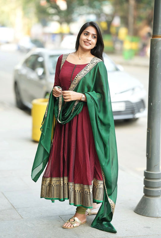 Luxuriant Vichitra Silk Maroon Color Anarkali Gown