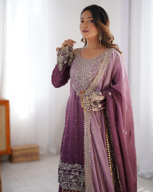 Good Looking Chinon Silk Rivet Moti Onion Color Sharara Suit