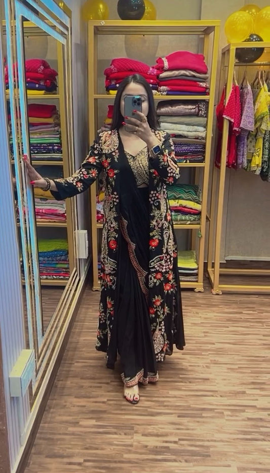 Eyes Catching Chinon Silk Black Color Ready To Wear Saree With Koti