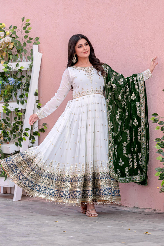 Glorious Georgette White Color Gown With Green Dupatta