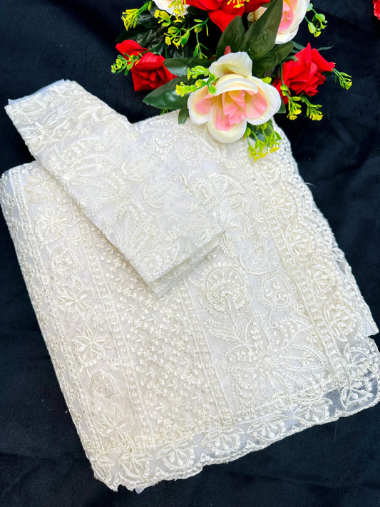 Organza Silk All Over Embroidery Work White Color Saree