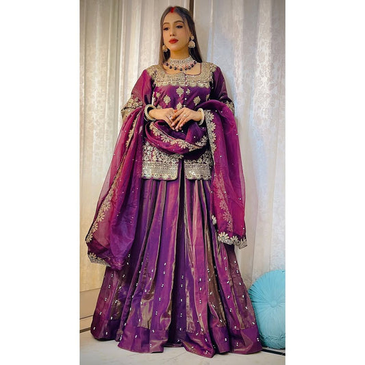 Simmer Silk Wedding Wear Wine Color Top With Lehenga