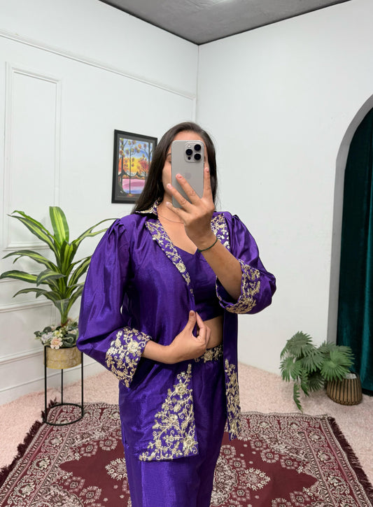 Classy Chinon Purple Color Embroidery Work Palazzo Suit With Koti