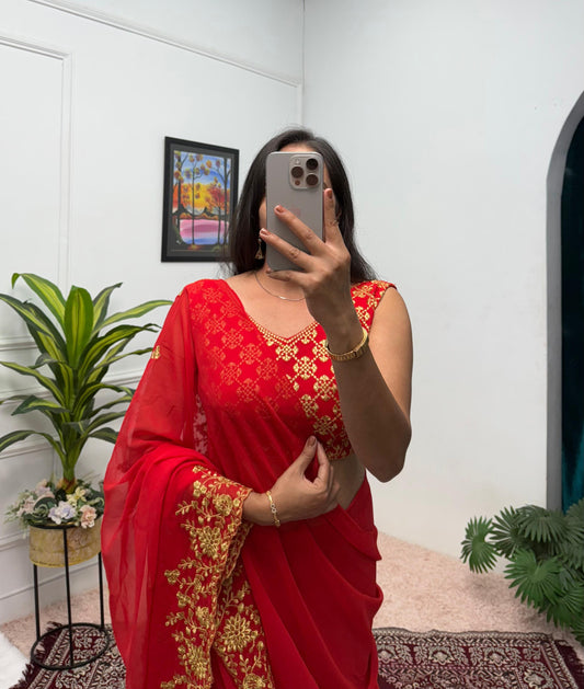 Marriage Special Faux Georgette Red Color Lehenga Saree