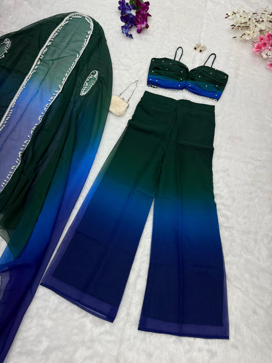 Outstanding Double Shaded Green Color Palazzo Top With Shrug