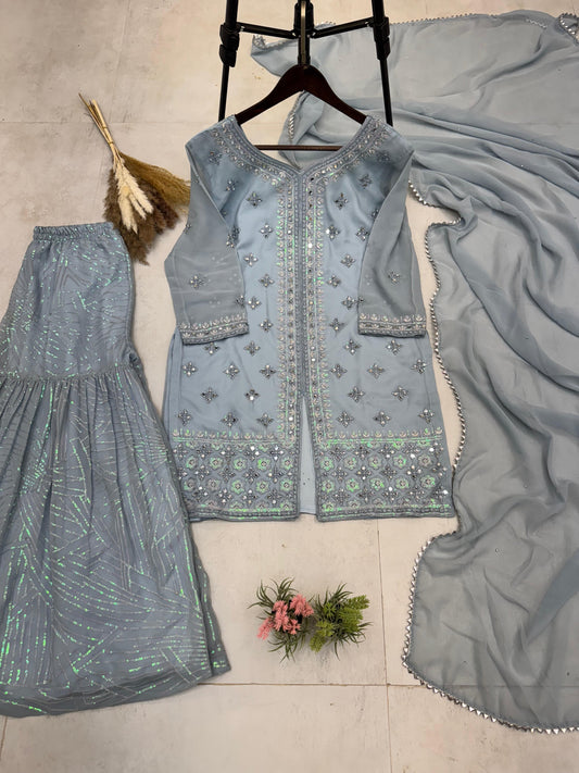 Captivating Real Mirror Work Grey Color Sharara Suit