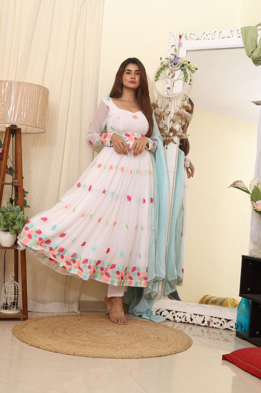 Elegant White Color Multi Thread Work Gown