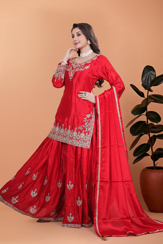 Designer Embroidery Work Red Color Palazzo Suit