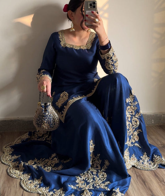 Unique Chinon Embroidery Work Blue Color Sharara Suit