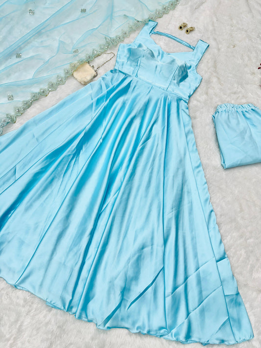 Luxuriant Japan Satin Sky Blue Color Gown