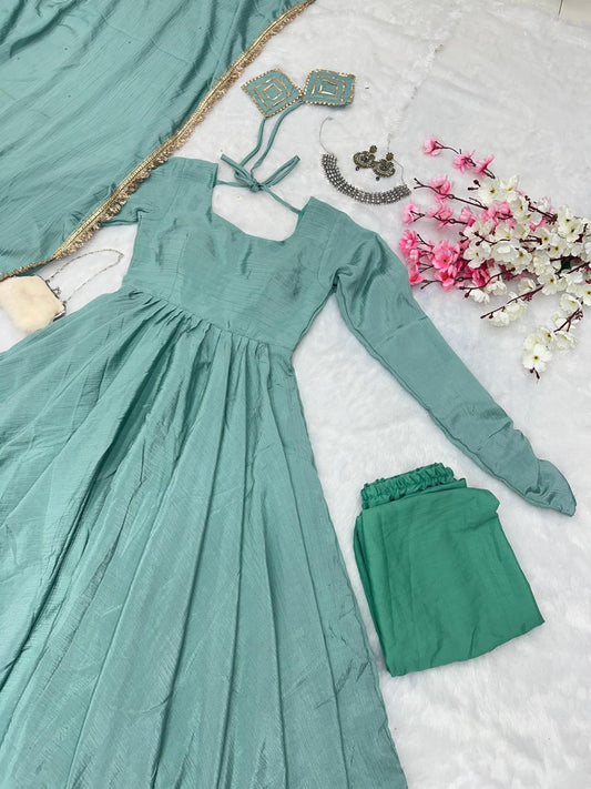 Peaceful Aqua Green Color Chinnon Silk Anarkali Gown