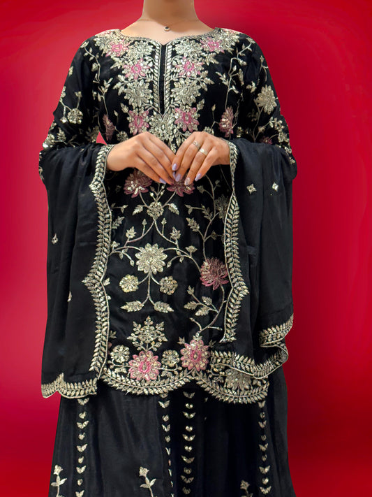 Outstanding Sequence And Thread Work Black Color Sharara Suit