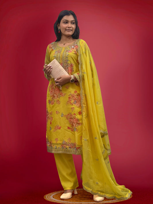 Flattering Sequence Heavy Stone Mirror Hand Work Yellow Color Palazzo Suit